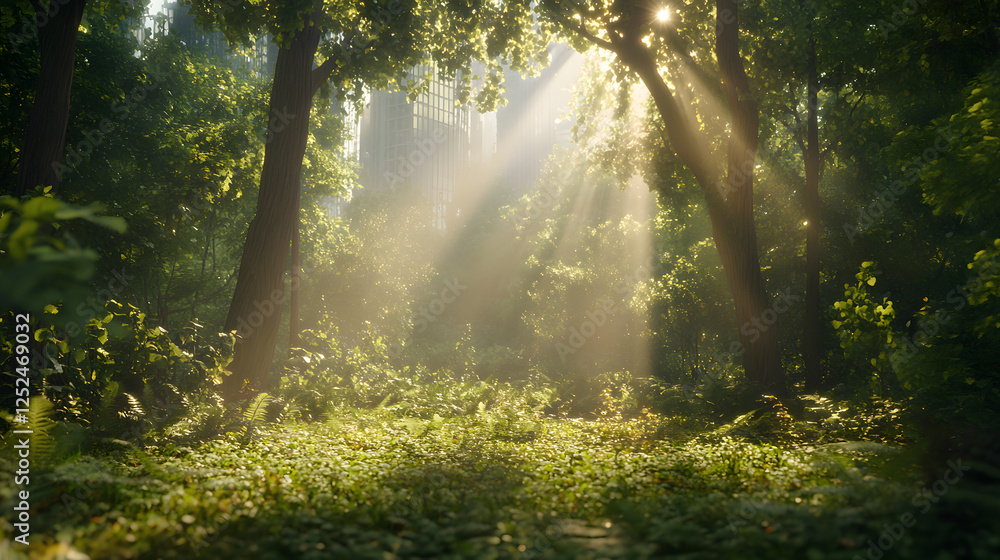 serene forest scene with sunlight streaming through trees, creating tranquil atmosphere serene forest scene with sunlight streaming through trees, creating tranquil atmosphere