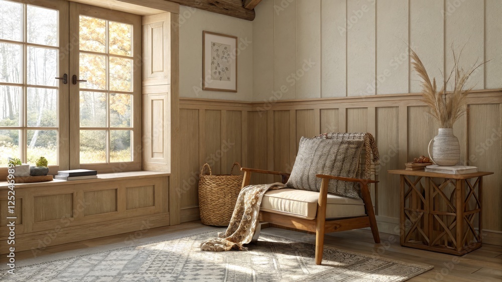 Obraz premium Cozy Autumnal Reading Nook Wooden Chair, Natural Light, Woven Textures, Farmhouse Decor. Farmhouse, Interior Design