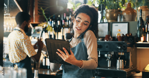 Obraz na płótnie Phone call, tablet and planning with woman in restaurant for product inventory, supplier contact or budget discussion