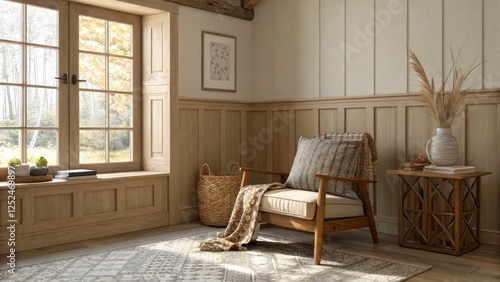 Cozy Autumnal Reading Nook Wooden Chair, Natural Light, Woven Textures, Farmhouse Decor. Farmhouse, Interior Design
