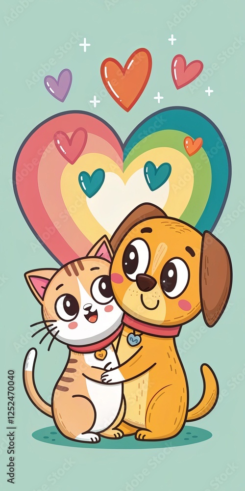 Fototapeta premium Cute Cat and Dog Hugging with Rainbow Heart, Cartoon Illustration, Friendship, Love, art. Pet illustration, friendship