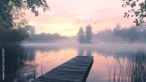 Tranquil Dawn: Embracing the Serenity of a Quiet Morning by the Misty Lake photo