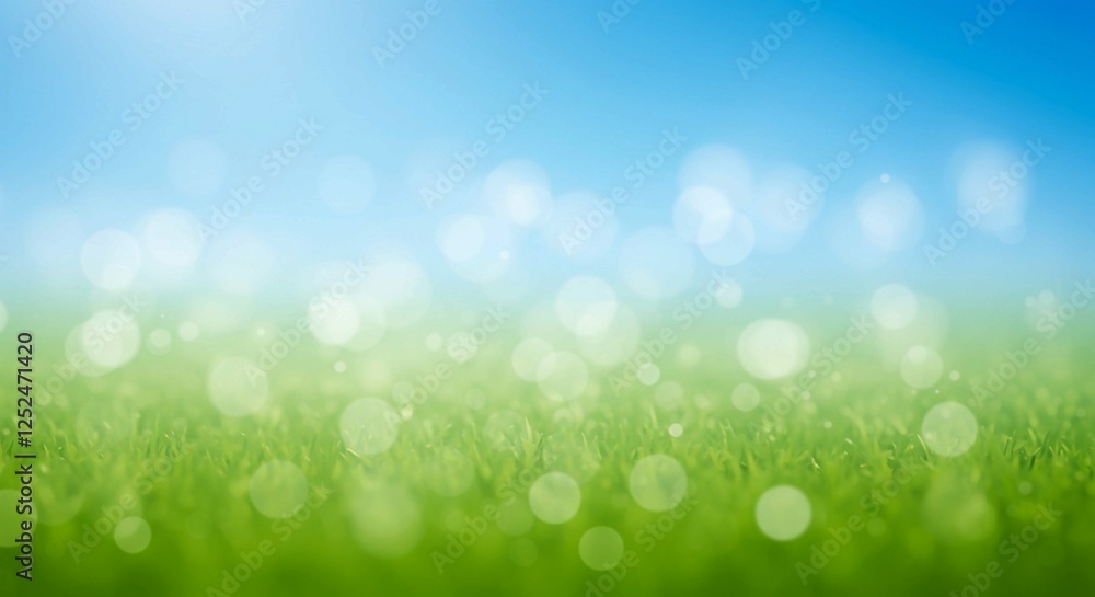 The natural beauty of a green grass field is highlighted in this image, with a blurred background and bokeh effect adding an ethereal quality The natural beauty of a green grass field is highlighted in this image, with a blurred background and bokeh effect adding an ethereal quality