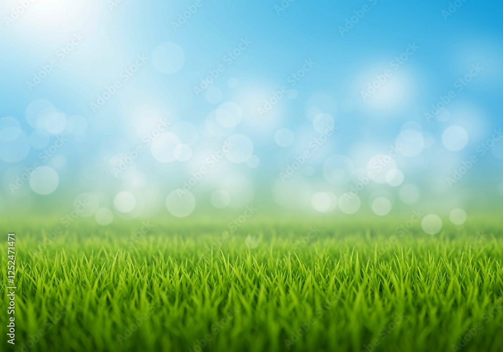 This image captures a field of lush green grass from a low angle, with a blurred background and bokeh highlights creating a dreamy effect This image captures a field of lush green grass from a low angle, with a blurred background and bokeh highlights creating a dreamy effect