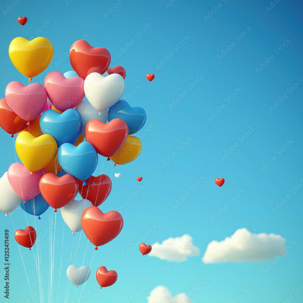 Colorful heart balloons float in a blue sky with clouds, ideal for Valentine's Day Colorful heart balloons float in a blue sky with clouds, ideal for Valentine's Day