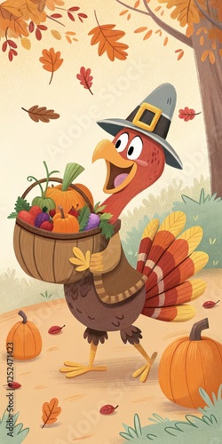 Wallpaper Mural Happy Thanksgiving Turkey Autumn Harvest Illustration, Digital Painting, Cartoon Character, Fall Vegetables Thanksgiving, Turkey Illustration Torontodigital.ca