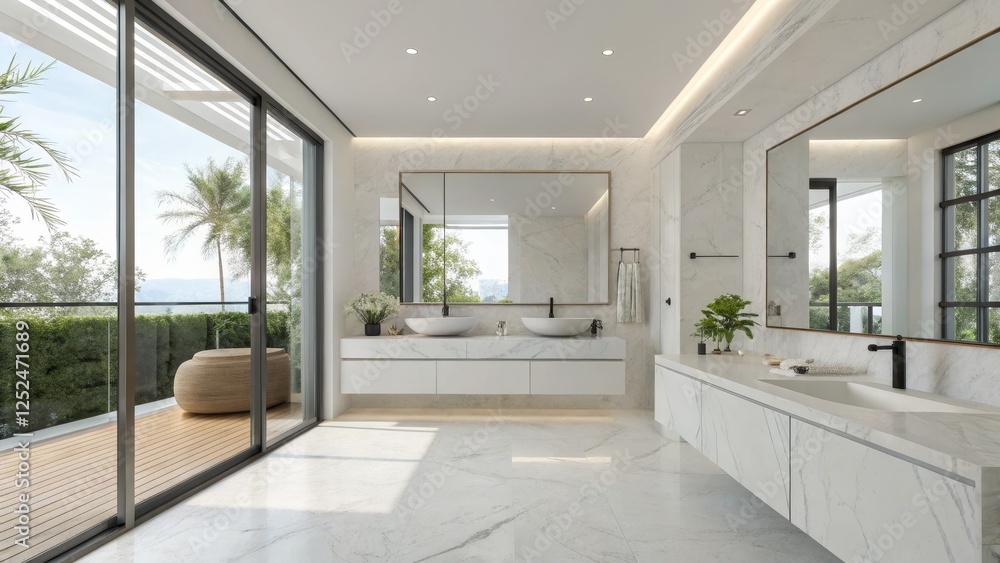 Fototapeta premium Luxurious Modern Bathroom Design Marble, Double Vanity, Balcony View, 3D Rendering, Minimalist Bathroom Design, Interior Design