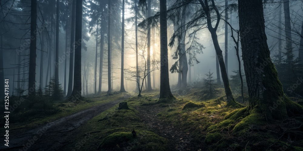 Naklejka premium Misty Forest Path Sunlit Composition, Dark Moody Atmosphere, Tall Trees, Mossy Ground, Landscape Photography Forest Photography, Dark Fantasy