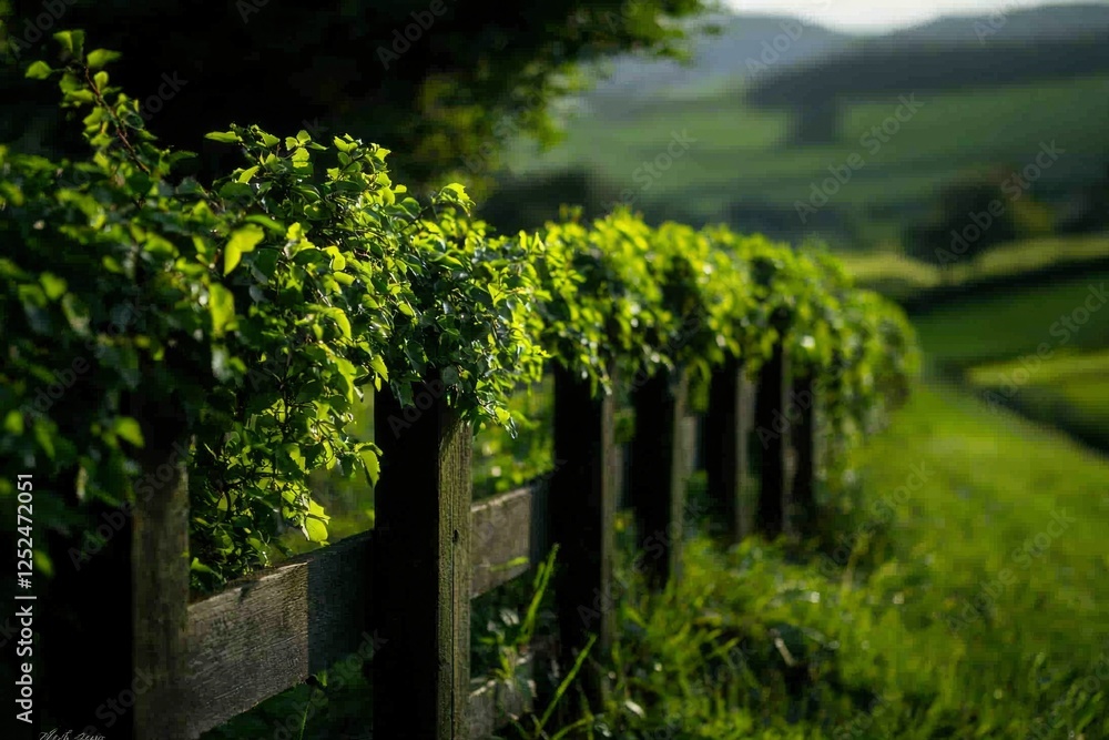 Fototapeta premium Idyllic rural scene Green hedgerow on fence, rolling hills in the background