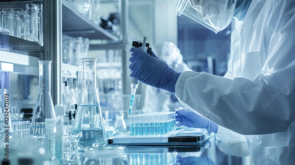 A close-up of engineers in a biopharmaceutical laboratory, conducting research on vaccine development, Biopharmaceutical research scene A close-up of engineers in a biopharmaceutical laboratory, conducting research on vaccine development, Biopharmaceutical research scene