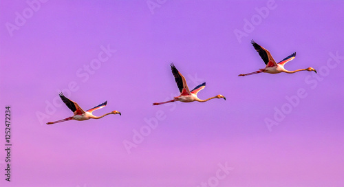 Three Flamingos in Flight