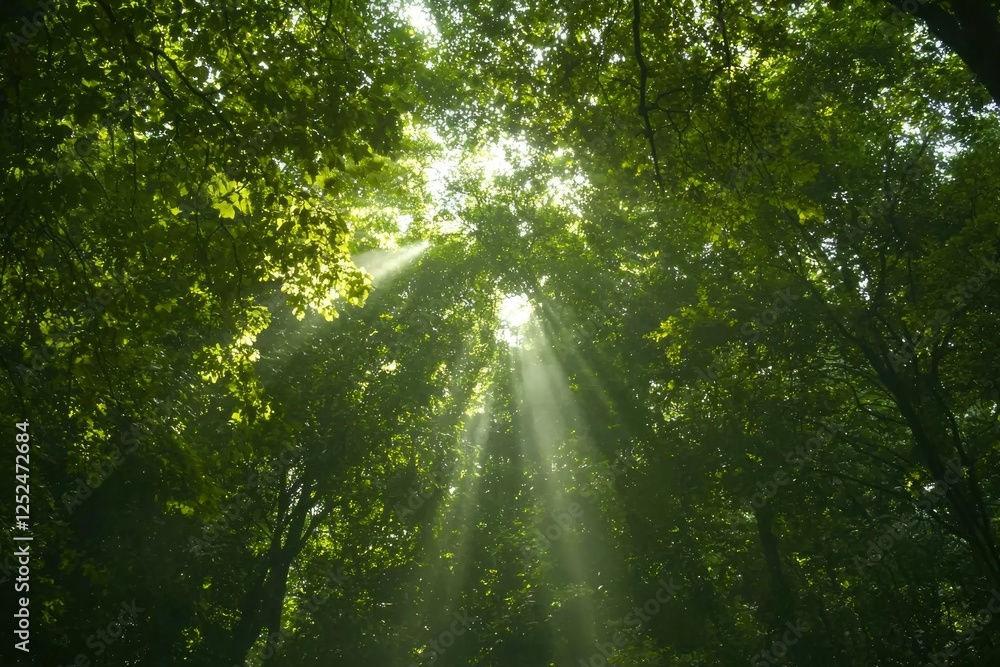 Fototapeta premium Sunlight through trees in forest upward shot for nature, hope, serenity