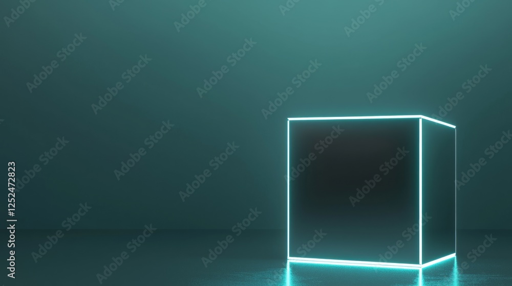 Futuristic Metallic Cube Podium with Glowing Edges in Dark Space Futuristic Metallic Cube Podium with Glowing Edges in Dark Space
