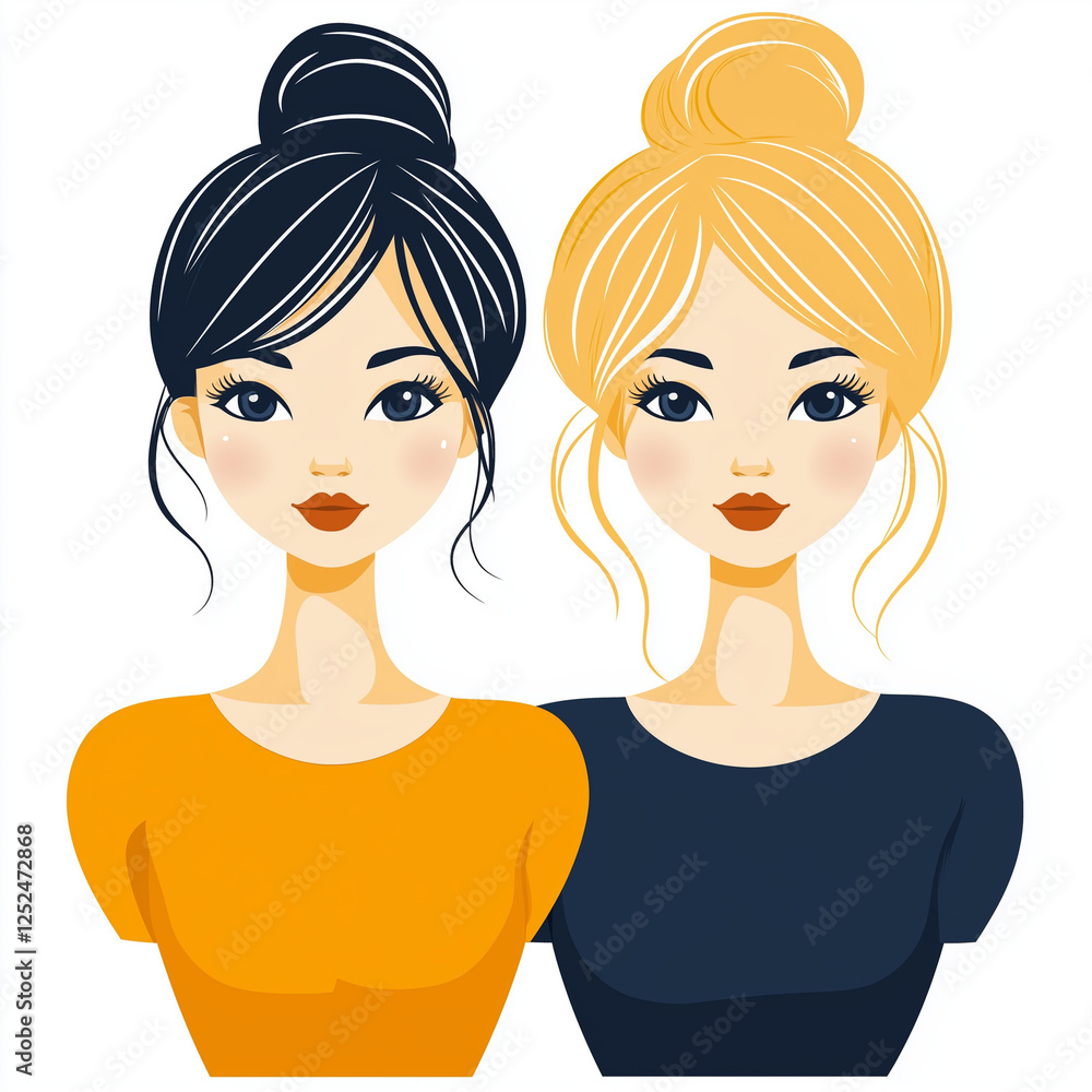 Vector image of two stylish women with contrasting hair colors, Illustration Vector image of two stylish women with contrasting hair colors, Illustration
