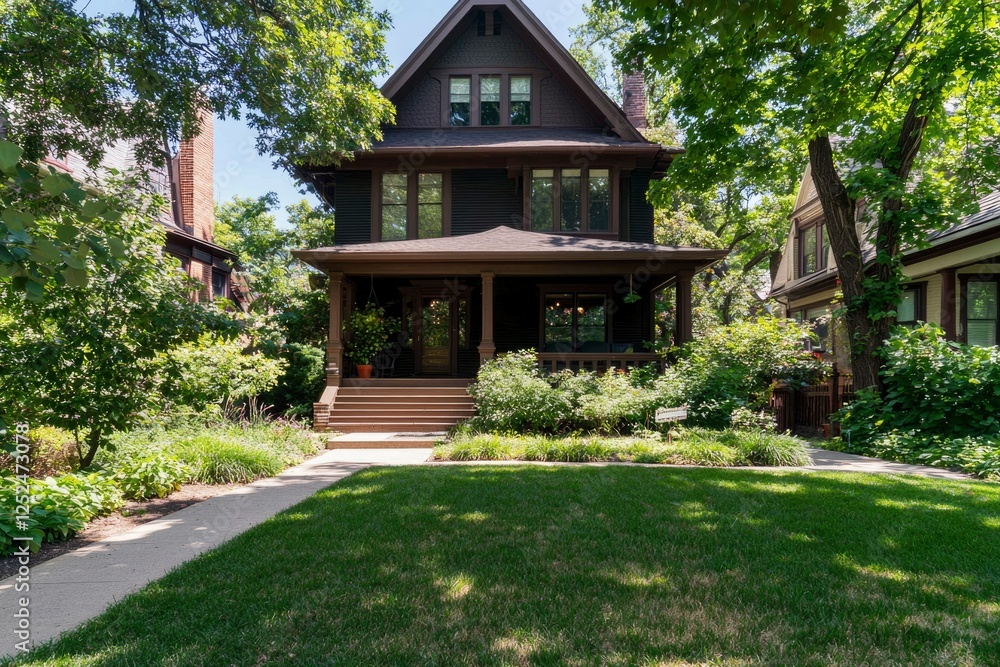 House with lawn, trees, and garden for real estate and architecture showcasing nature House with lawn, trees, and garden for real estate and architecture showcasing nature
