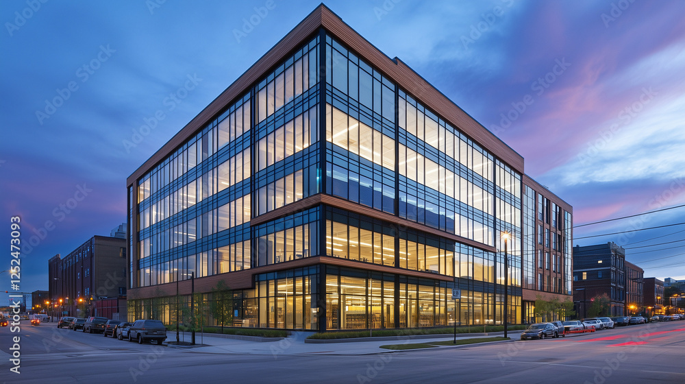 Obraz premium Office building glowing in golden dusk light, framed by urban skyline, evoking a sense of modern ambition and quiet reflection.