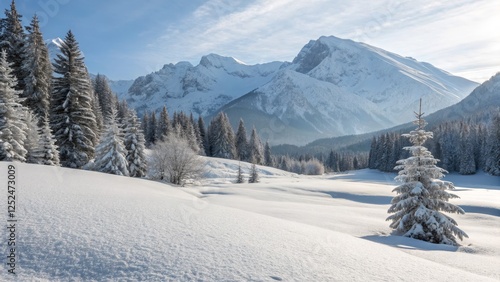 Snowy Mountain Landscape Winter Forest, Snow-Covered Peaks, Wide Composition, Winter Wonderland, Landscape Photography Winter Landscape, Snow Scene