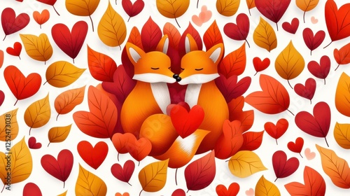 Cute Foxes Embracing Surrounded by Autumn Leaves and Hearts in Vibrant Warm Colors