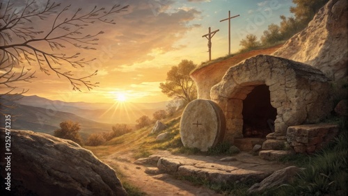 Sunrise at the Empty Tomb Digital Painting of Resurrection, Landscape, Crosses, Stone, Easter Easter, Resurrection