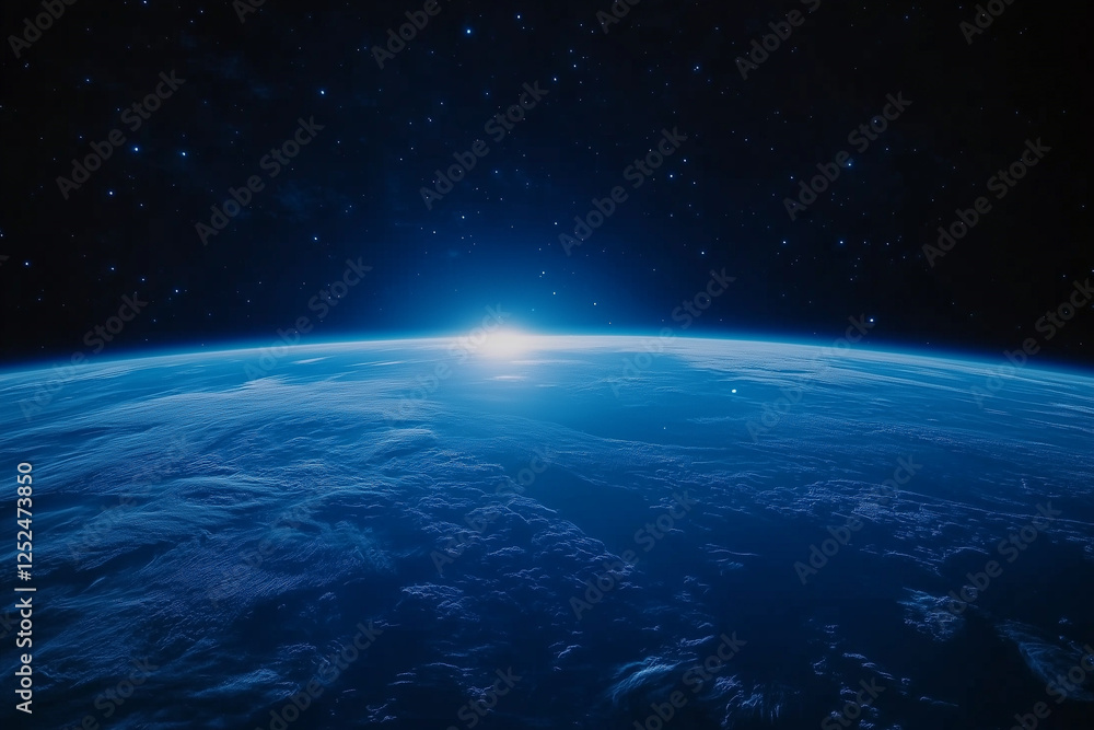 Fototapeta premium Mesmerizing blue sunrise over Planet Earth’s horizon viewed from outer space, showcasing a stunning celestial scene