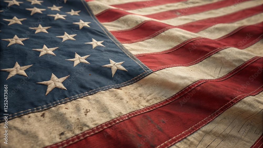 Fototapeta premium Worn American Flag Close-up Composition, Patina Texture, Patriotic Concept, Stars and Stripes, USA Flag Patriotism, Americana