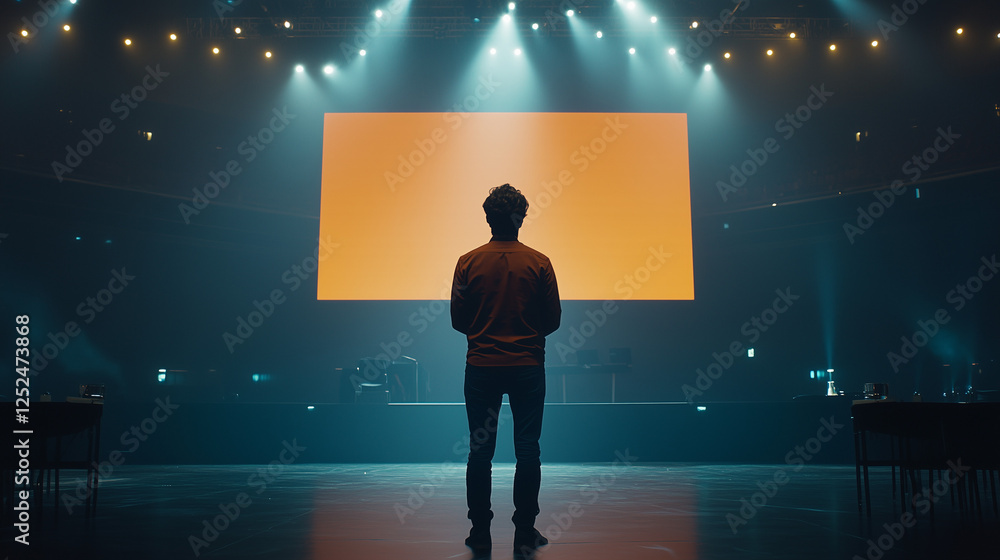 Fototapeta premium Professional speaker engaging audience at a corporate event, conveying innovation and leadership in a dynamic business setting.