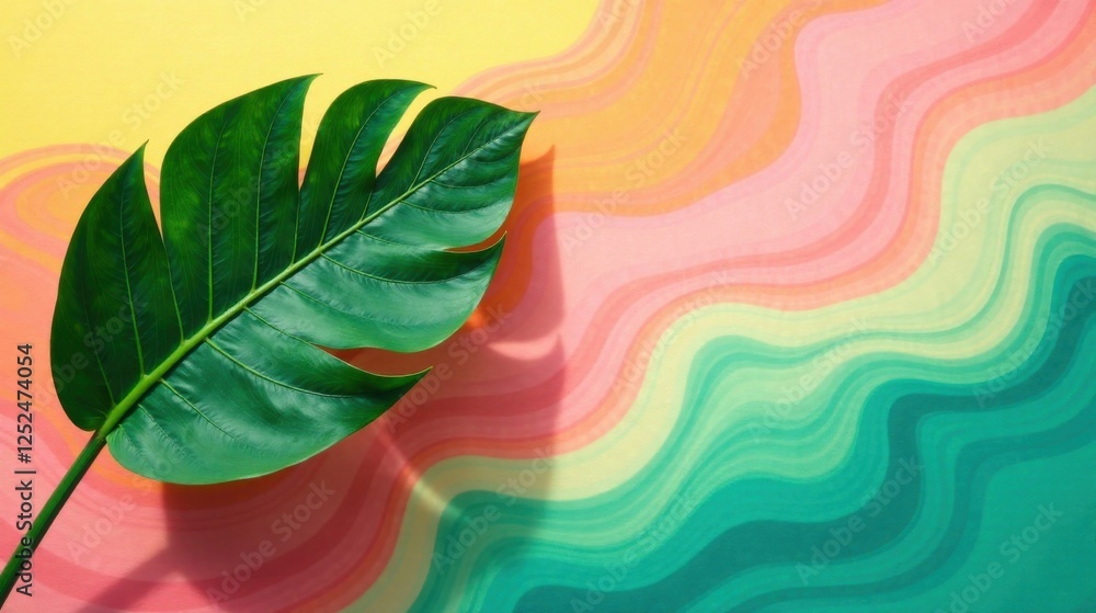 Obraz premium Vibrant Tropical Leaf Casts Shadow on Abstract Wavy Background of Pastel Hues
