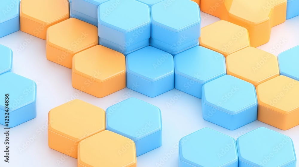 Obraz premium Colorful Hexagonal Shapes in Blue and Orange Arranged on a Bright Background for Creative Design Inspiration