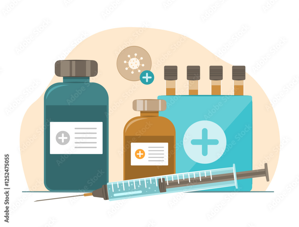 Group of Medicine Vaccine Bottles, Syringe and Test Tubes for Healthcare and Medical Concept Illustration Group of Medicine Vaccine Bottles, Syringe and Test Tubes for Healthcare and Medical Concept Illustration