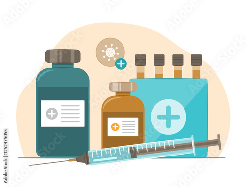 Group of Medicine Vaccine Bottles, Syringe and Test Tubes for Healthcare and Medical Concept Illustration