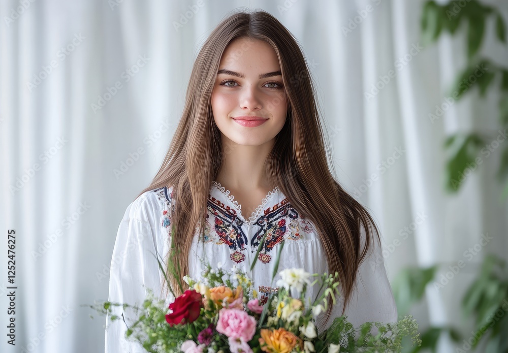 A beautiful young woman in a traditional Ukrainian embroidered shirt stands near white curtains and green ivy, holding large bouquets of flowers in her hands A beautiful young woman in a traditional Ukrainian embroidered shirt stands near white curtains and green ivy, holding large bouquets of flowers in her hands