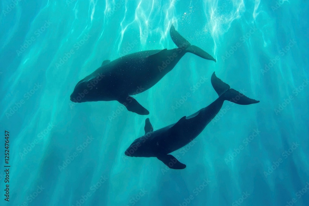 Obraz premium Two whales swim under the bright surface water. Marine life background use