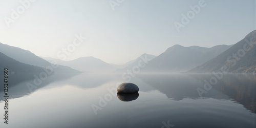 Minimalist lake with a single stone for meditation and zen-inspired themes. A smooth, round stone rests on the surface of a perfectly calm