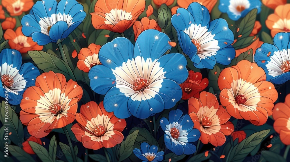 custom made wallpaper toronto digitalA vibrant illustration of blue and orange flowers surrounded by lush green leaves.