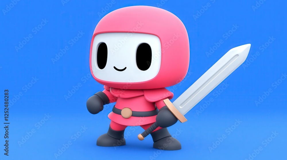 Fototapeta premium Cute Cartoon Character in Pink Outfit Holding a Sword on Blue Background