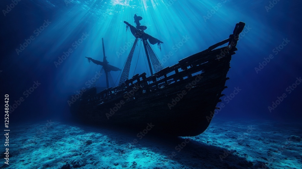 Sunlit ocean shipwreck, sandy seabed, exploration Sunlit ocean shipwreck, sandy seabed, exploration