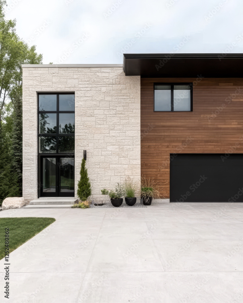 Obraz premium Modern house design featuring stone and wood elements in a serene environment