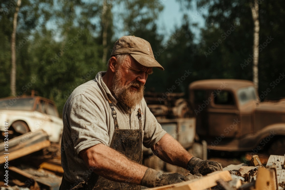 Scrap yard worker in junkyard sorts material for recycling; vehicle wreck backdrop Scrap yard worker in junkyard sorts material for recycling; vehicle wreck backdrop