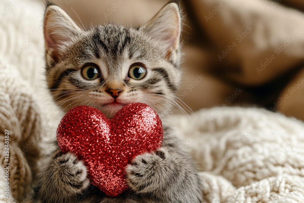 Naklejka premium Pixiebob - my preferred cat, symbol of care. Cute pixiebob baby cat with sparkling rhinestones red heart at cozy abode. Promotion pet animal concept art. Cute kitty romance.