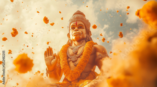 Hanuman Jayanti banner with red to golden yellow gradation, giant Hanuman statue standing majestically amidst clouds with clear sky background