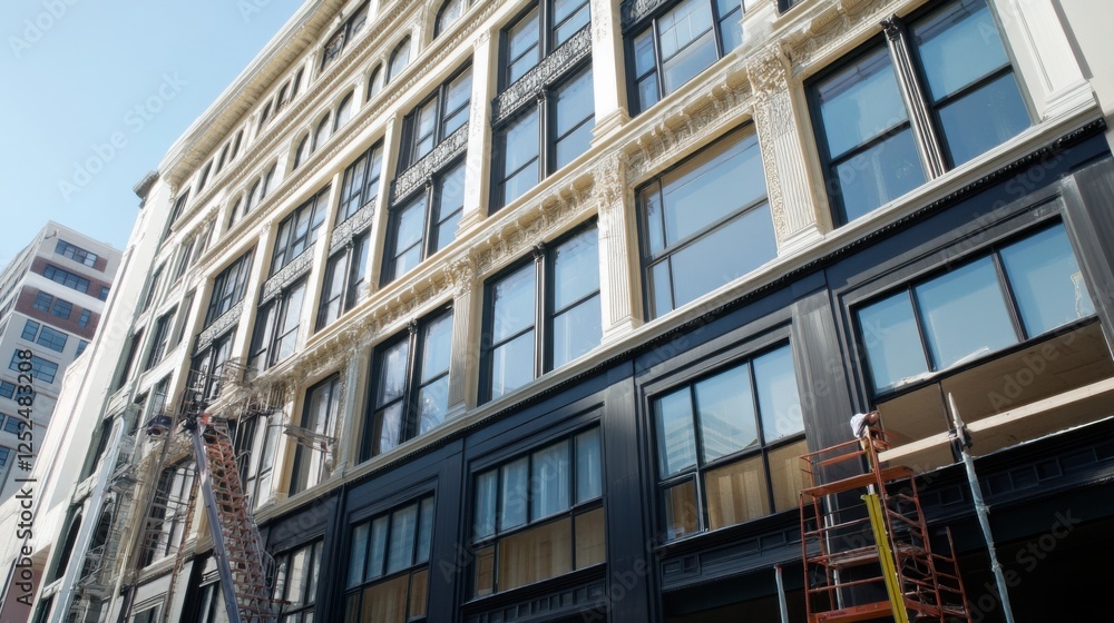 A commercial high-rise renovation project with architects inspecting facade restoration, High-rise renovation scene, Architectural preservation and innovation style A commercial high-rise renovation project with architects inspecting facade restoration, High-rise renovation scene, Architectural preservation and innovation style