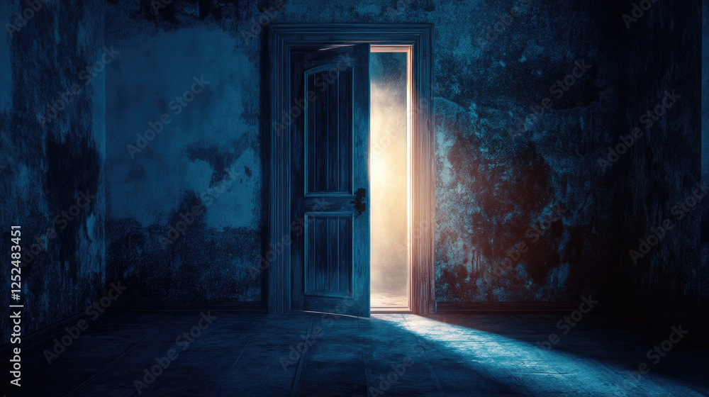 Open Door with Mysterious Blue Light in Dark Room Open Door with Mysterious Blue Light in Dark Room