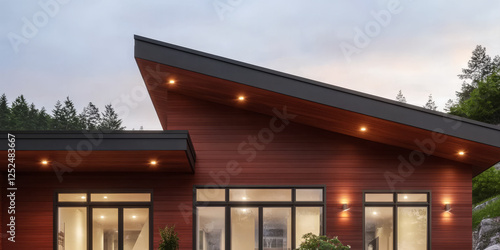 Wallpaper Mural Modern wooden cabin with striking roof design in forested area during twilight Torontodigital.ca