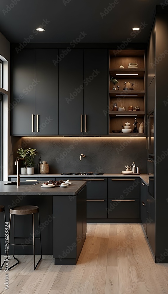 in black rendering modern kitchen wood built 3d chair table floor apartment nobody kitchen appliance contemporary luxury decor clean dishwasher building beige equipment modern wood window wall