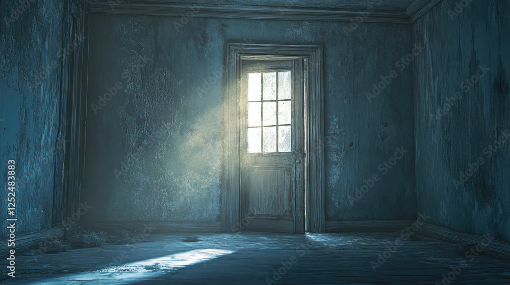 Open Door with Mysterious Blue Light in Dark Room Open Door with Mysterious Blue Light in Dark Room