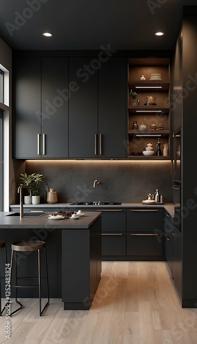 Obraz na płótnie in black rendering modern kitchen wood built 3d chair table floor apartment nobody kitchen appliance contemporary luxury decor clean dishwasher building beige equipment modern wood window wall w salonie