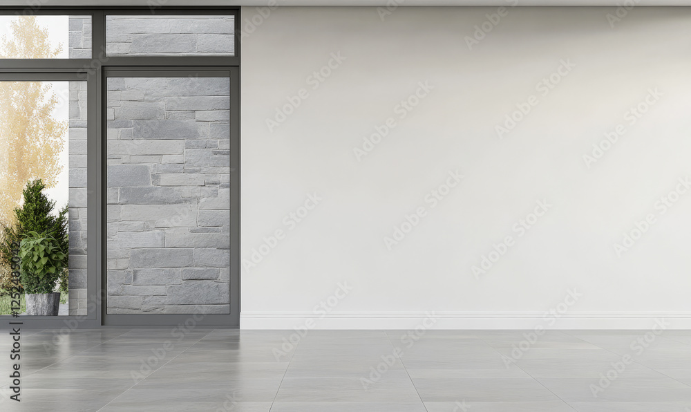 Modern empty room with large windows and natural light during daytime Modern empty room with large windows and natural light during daytime