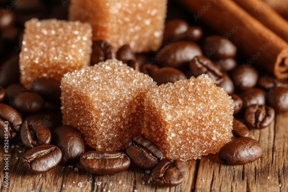 Brown sugar, coffee beans and cinnamon sticks, coffee shop vibe, food advertising