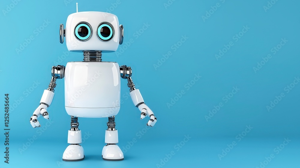 Fototapeta premium Cute Cartoon Robot Character with Friendly Expression on Blue Background