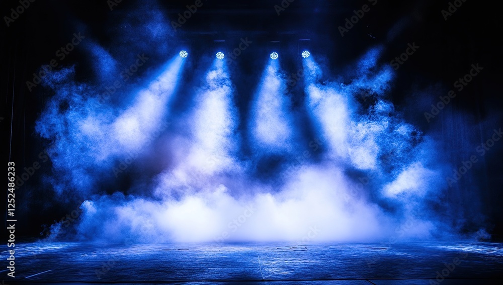 Naklejka premium Stage Lighting Design: Blue Smoke Effects, Dramatic Spotlights Illuminate Empty Stage Mysteriously